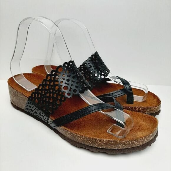 SONIA C. Italy Cork Low Wedge Heel Sandal Thong Sandal Black Geo Circle Sz 8 - Picture 2 of 12